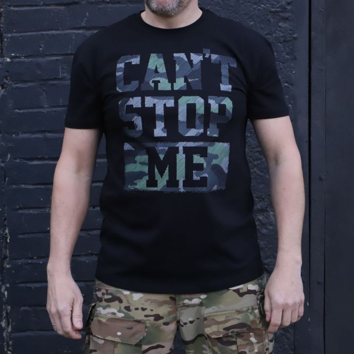 Чорна футболка з принтом “CAN’T STOP ME” | Military стиль