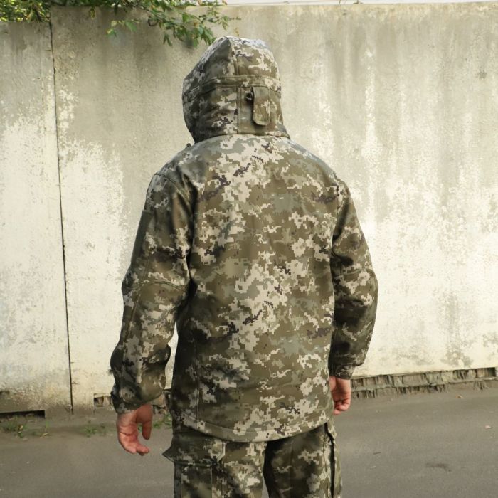 Raptor Tac, Soft Shell pixel suit, on "Storm" fleece